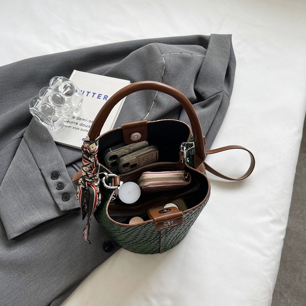 Stylish Women Woven Bucket Tote Bag Adjustable Shoulder Strap Crossbody Handbag Solid Color Versati 3