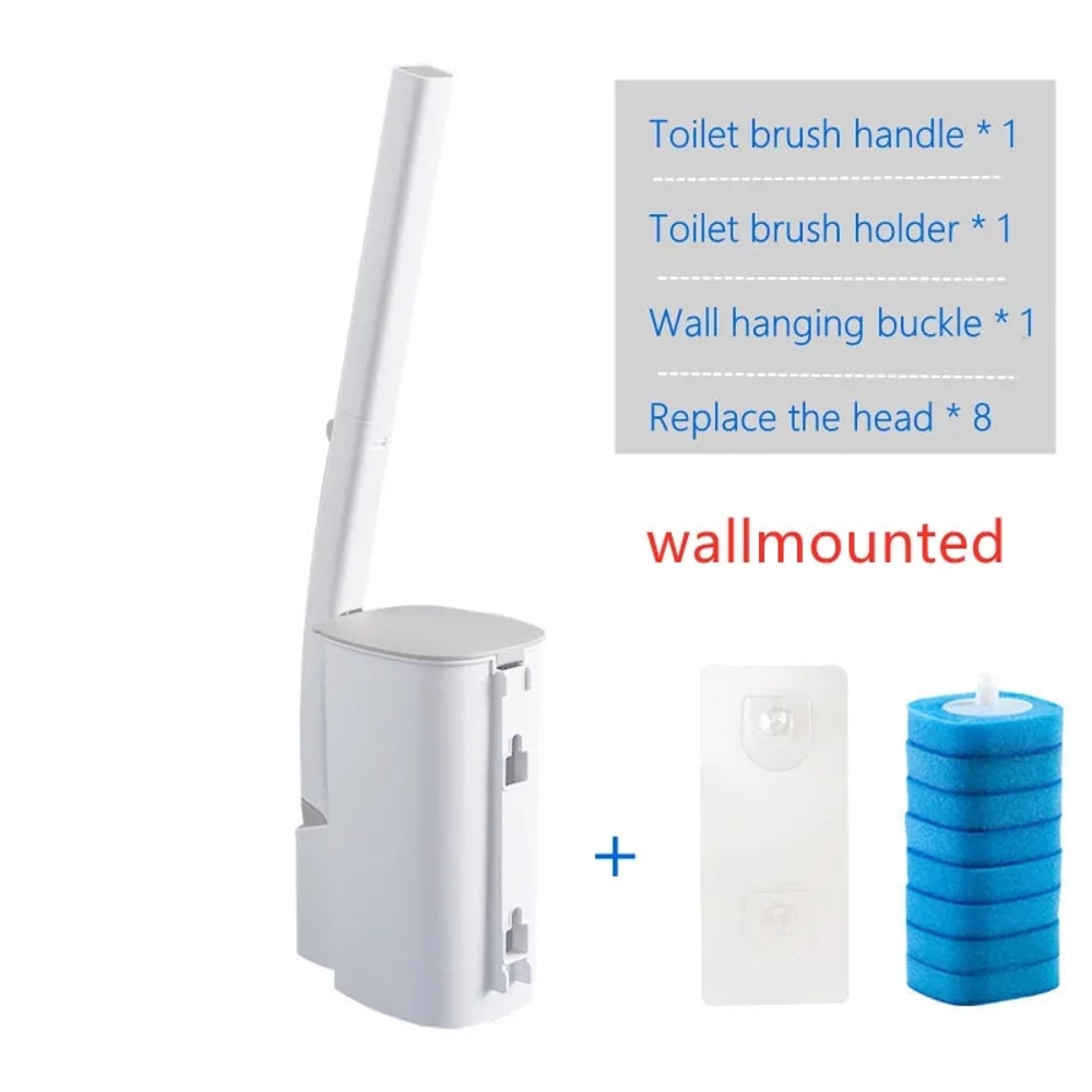 Wall-Mounted Disposable Toilet Brush with Cleaning Liquid & Replacement Brush Head