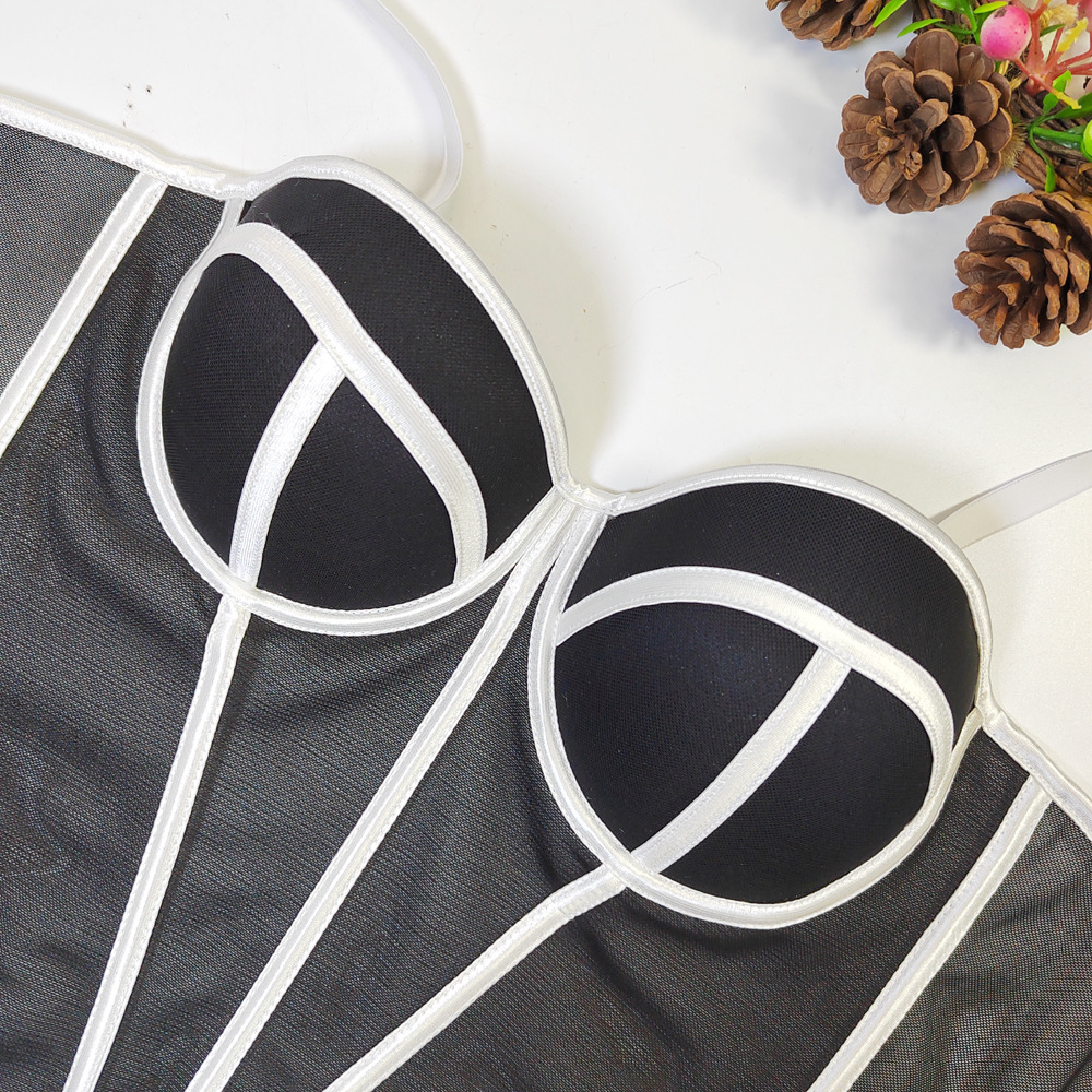 Sexy Color Block Mesh Corset Bustier Bra Crop Top for Women, Party & Night Club