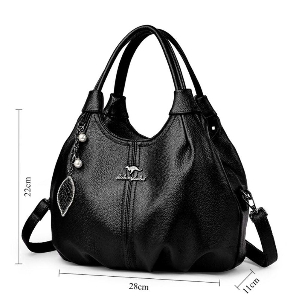 Soft Lychee Leather Hobo Handbag Stylish 3Layer Shoulder Crossbody Tote Bag With Pearl Leaf Pendan 3