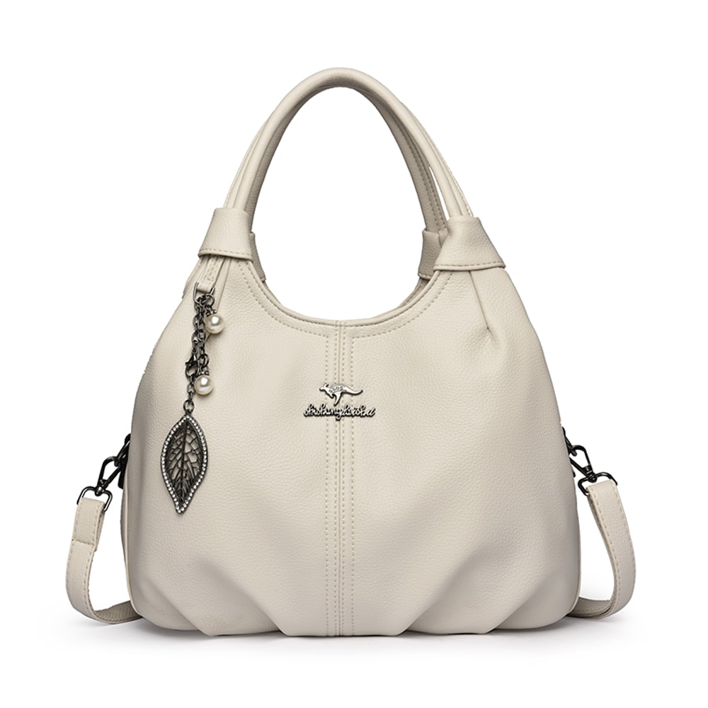 Soft Lychee Leather Hobo Handbag Stylish 3Layer Shoulder Crossbody Tote Bag With Pearl Leaf Pendan 6
