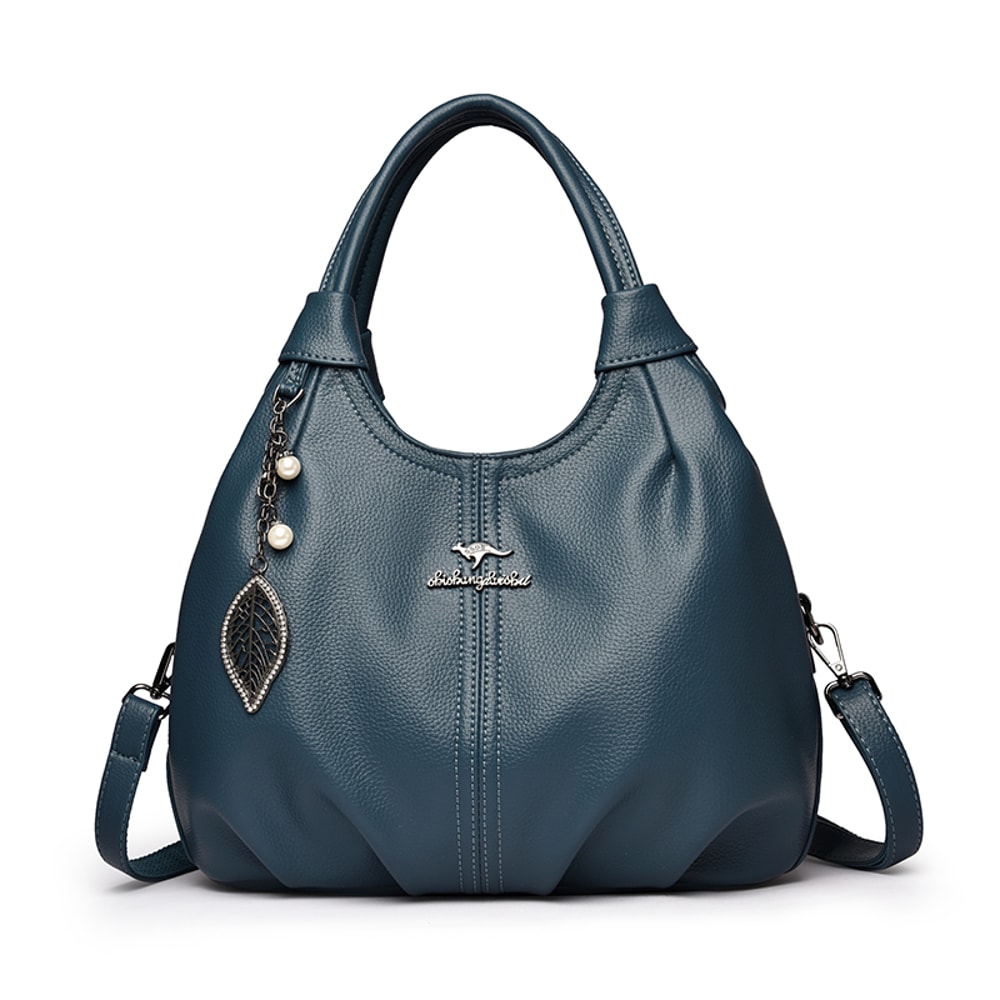 Soft Lychee Leather Hobo Handbag Stylish 3Layer Shoulder Crossbody Tote Bag With Pearl Leaf Pendan 9