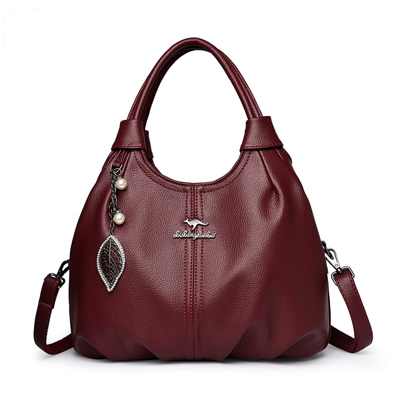 Soft Lychee Leather Hobo Handbag Stylish 3Layer Shoulder Crossbody Tote Bag With Pearl Leaf Pendan 5