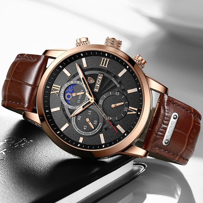 LIGE Luxury Mens Leather Watch Waterproof Quartz Sport Timepiece 1