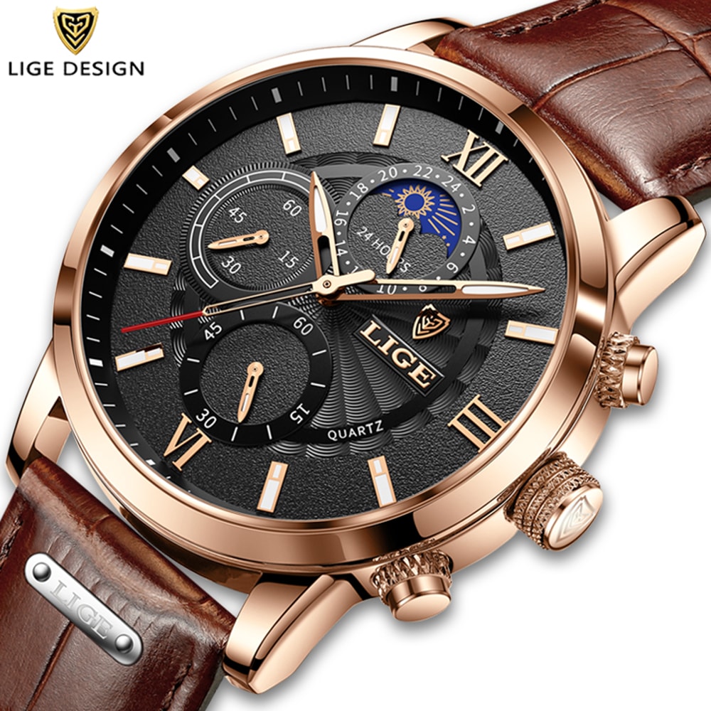 LIGE Luxury Mens Leather Watch Waterproof Quartz Sport Timepiece 4