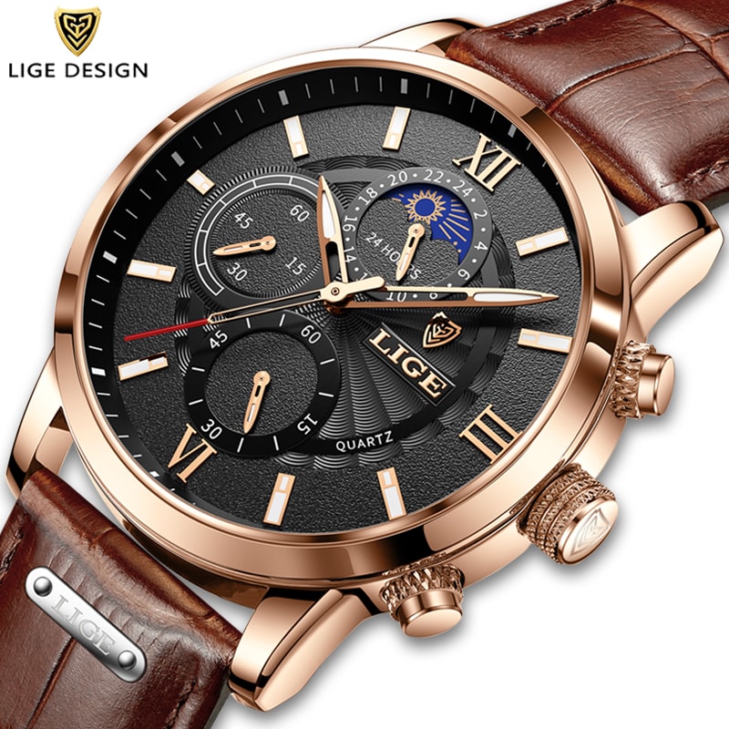 LIGE Luxury Mens Leather Watch Waterproof Quartz Sport Timepiece 4