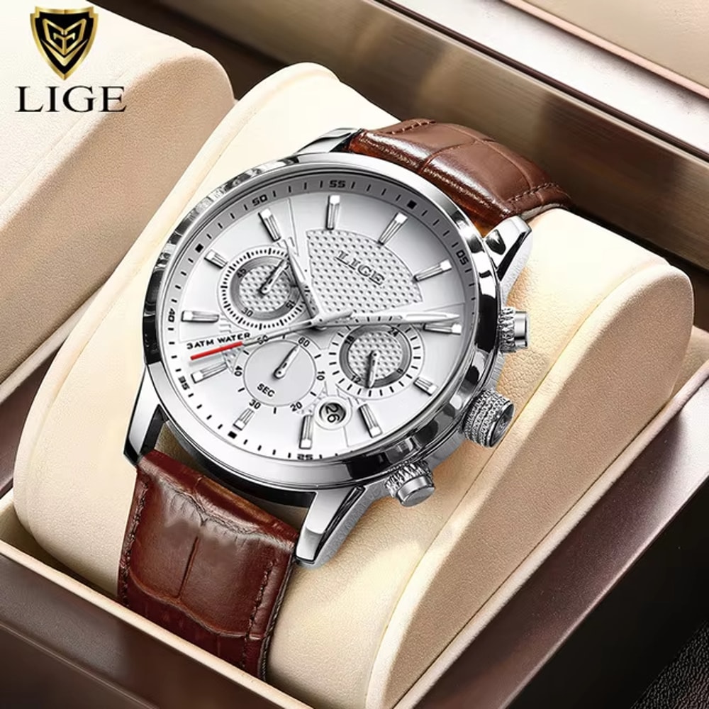 LIGE Luxury Mens Leather Watch Waterproof Quartz Sport Timepiece 6