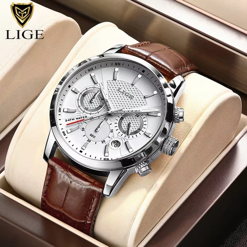 LIGE Luxury Mens Leather Watch Waterproof Quartz Sport Timepiece 6