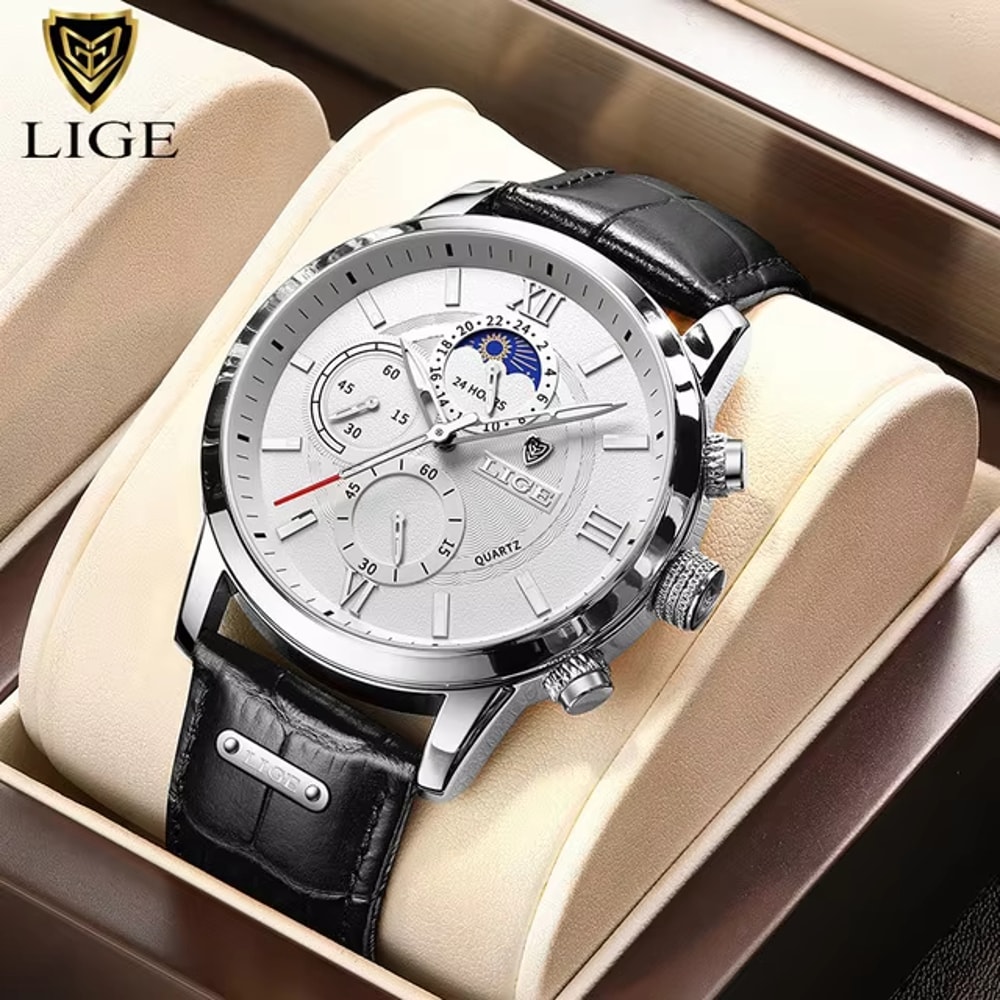 LIGE Luxury Mens Leather Watch Waterproof Quartz Sport Timepiece 7