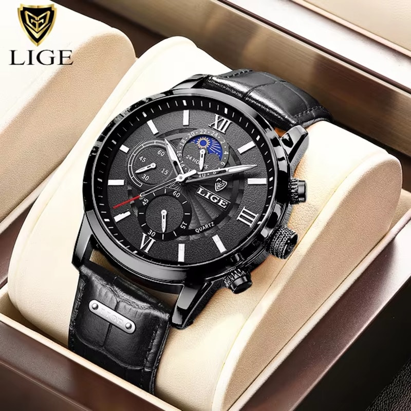 LIGE Luxury Mens Leather Watch Waterproof Quartz Sport Timepiece 8