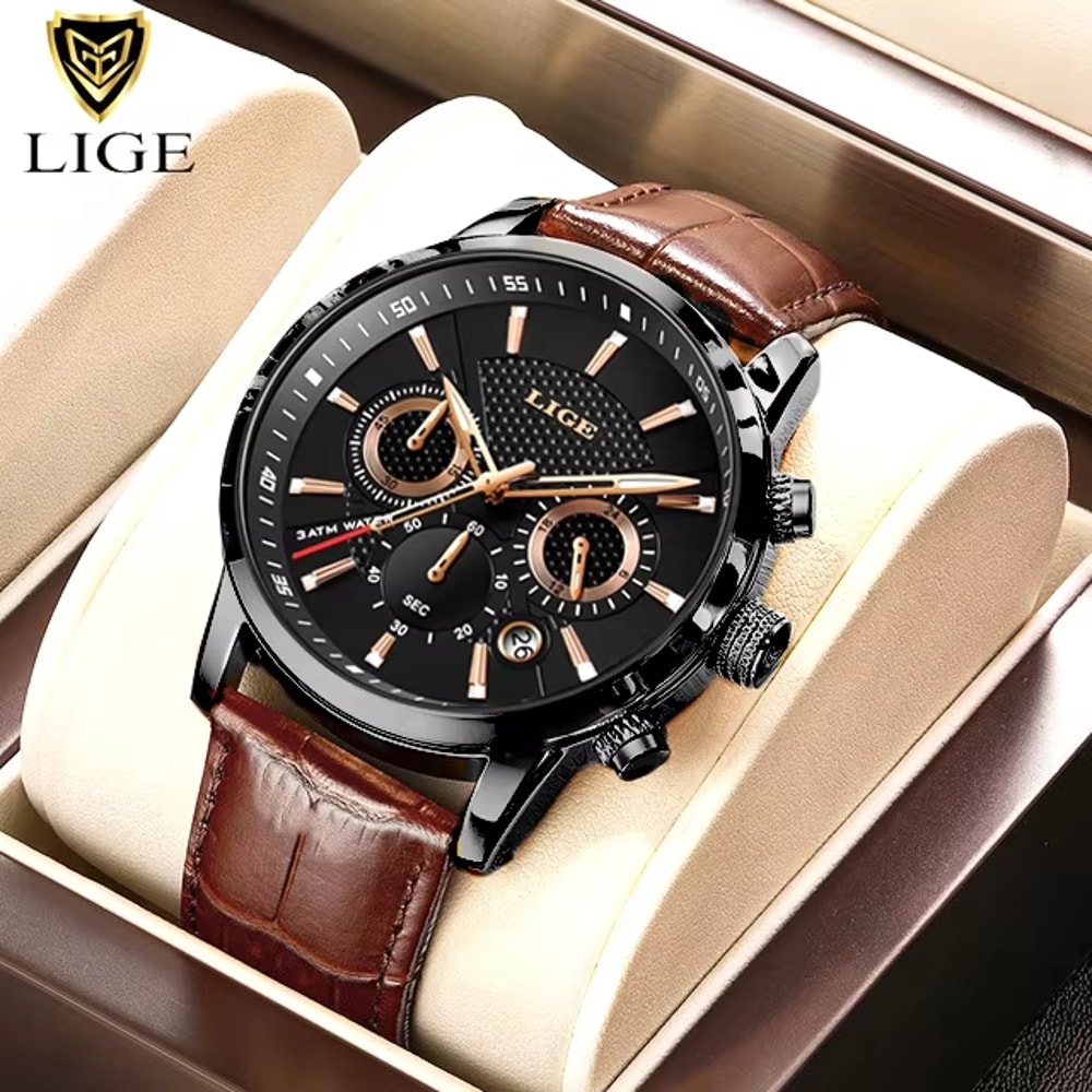 LIGE Luxury Mens Leather Watch Waterproof Quartz Sport Timepiece 9