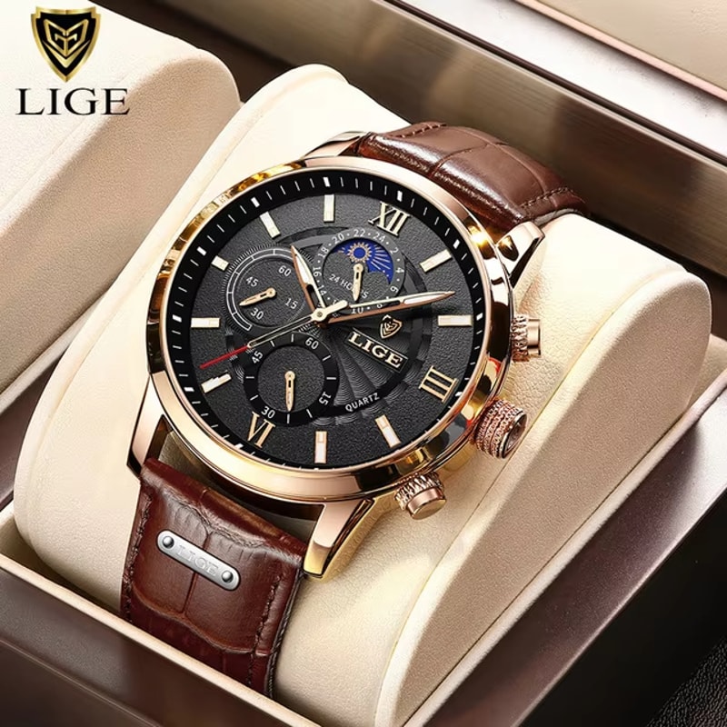 LIGE Luxury Mens Leather Watch Waterproof Quartz Sport Timepiece 11