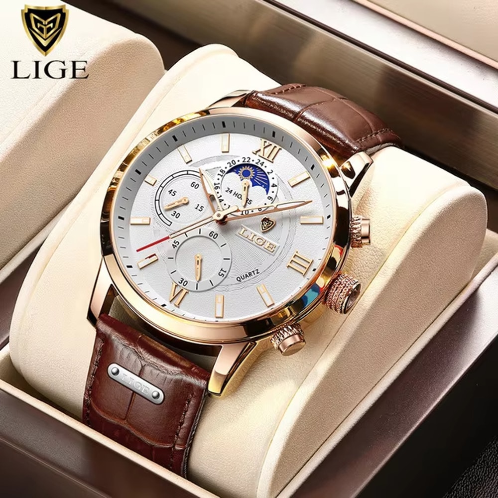 LIGE Luxury Mens Leather Watch Waterproof Quartz Sport Timepiece 12