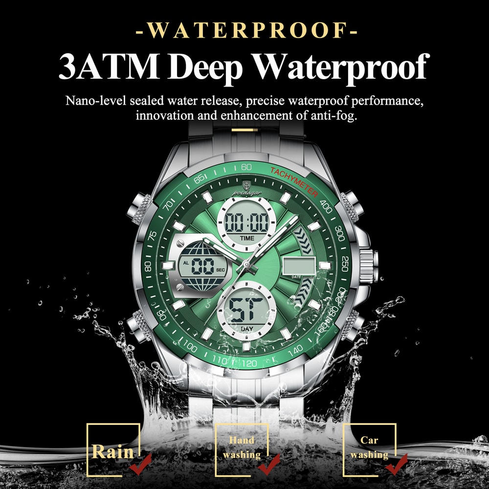 Men Waterproof LED Digital Watch Dual Time Stainless Steel Luxury Quartz Watch 2