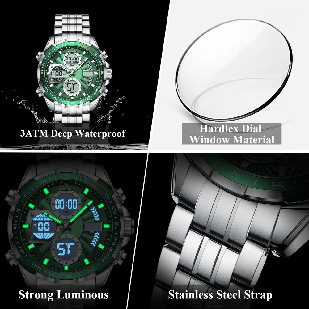Men Waterproof LED Digital Watch Dual Time Stainless Steel Luxury Quartz Watch 3
