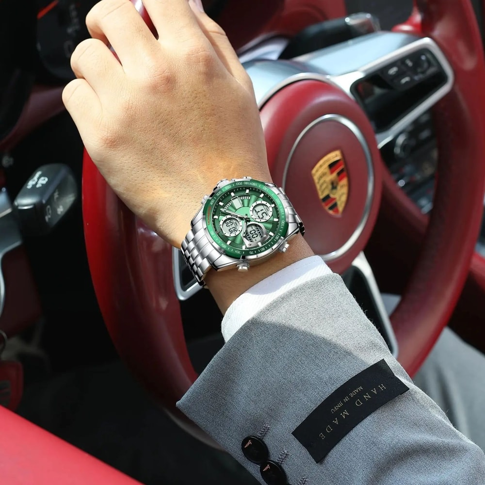 Men Waterproof LED Digital Watch Dual Time Stainless Steel Luxury Quartz Watch 1