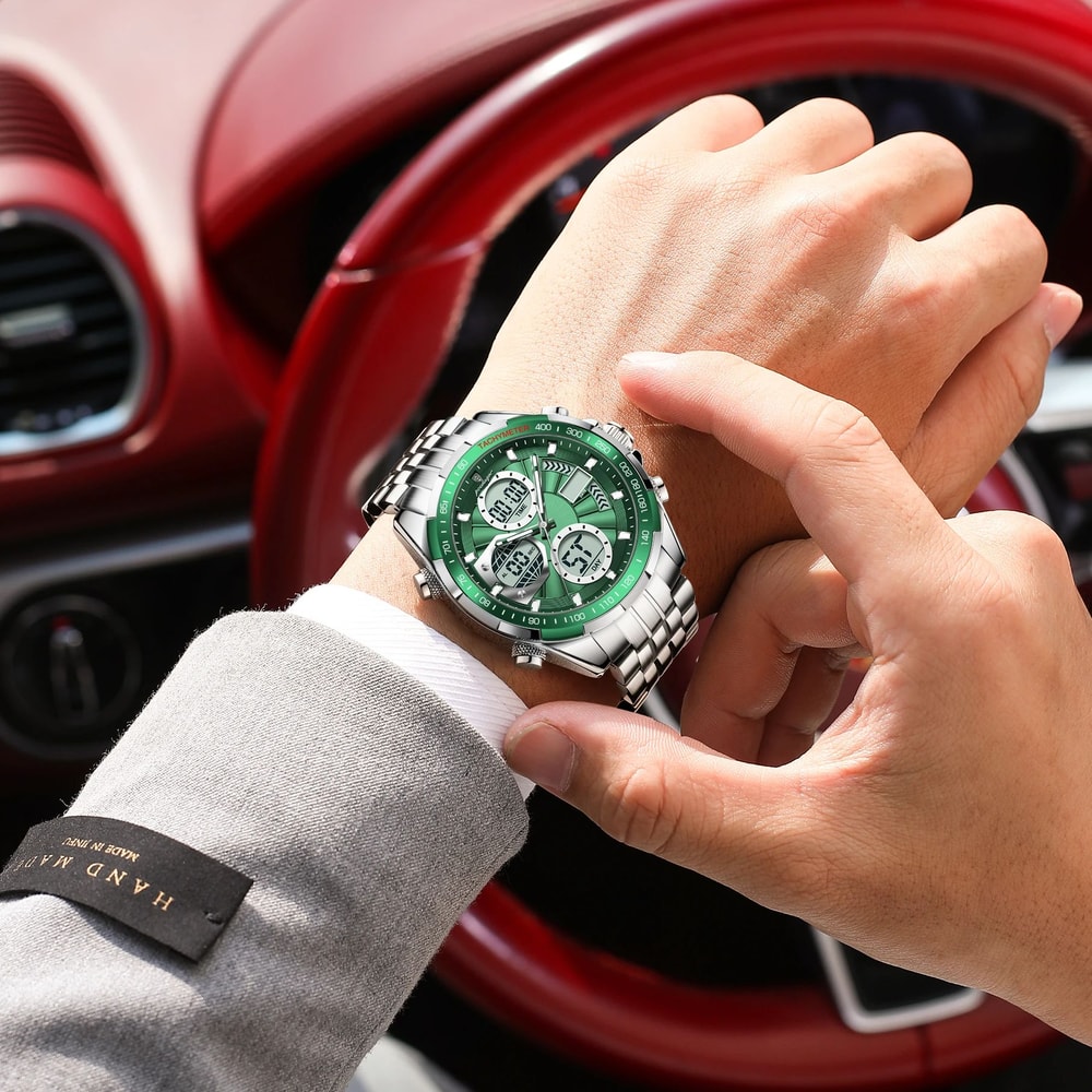 Men Waterproof LED Digital Watch Dual Time Stainless Steel Luxury Quartz Watch 0