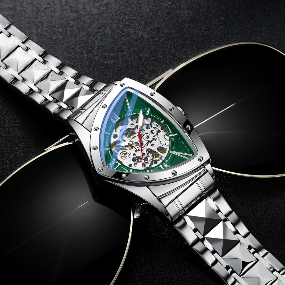 Premium Triangle Skeleton Men Mechanical Watch With Luminous Stainless Steel Strap 1