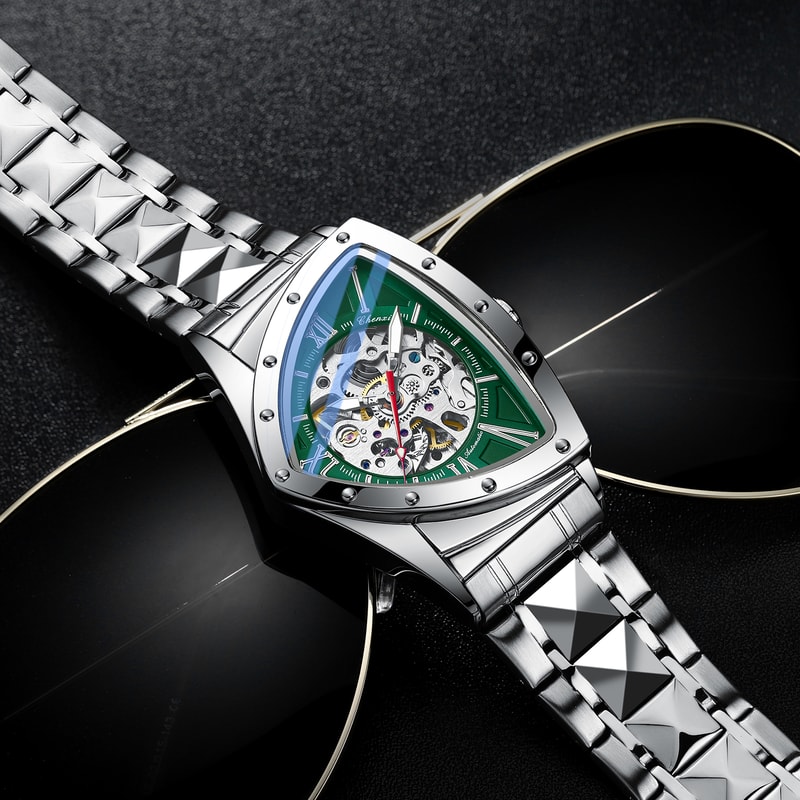 Premium Triangle Skeleton Men Mechanical Watch With Luminous Stainless Steel Strap 1