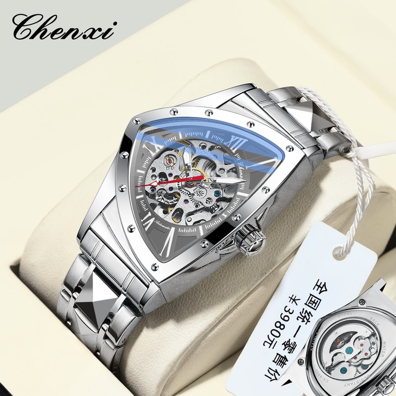 Premium Triangle Skeleton Men Mechanical Watch With Luminous Stainless Steel Strap 2