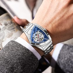 premium triangle skeleton men mechanical watch with luminous stainless steel strap