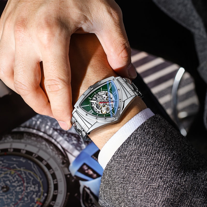Premium Triangle Skeleton Men Mechanical Watch With Luminous Stainless Steel Strap 3