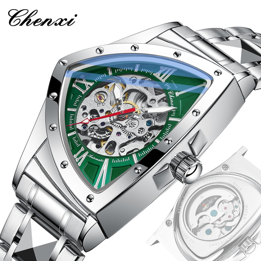 Premium Triangle Skeleton Men Mechanical Watch With Luminous Stainless Steel Strap 6