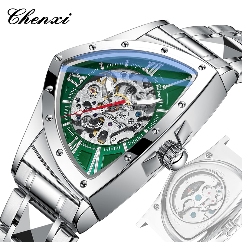 Premium Triangle Skeleton Men Mechanical Watch With Luminous Stainless Steel Strap 6