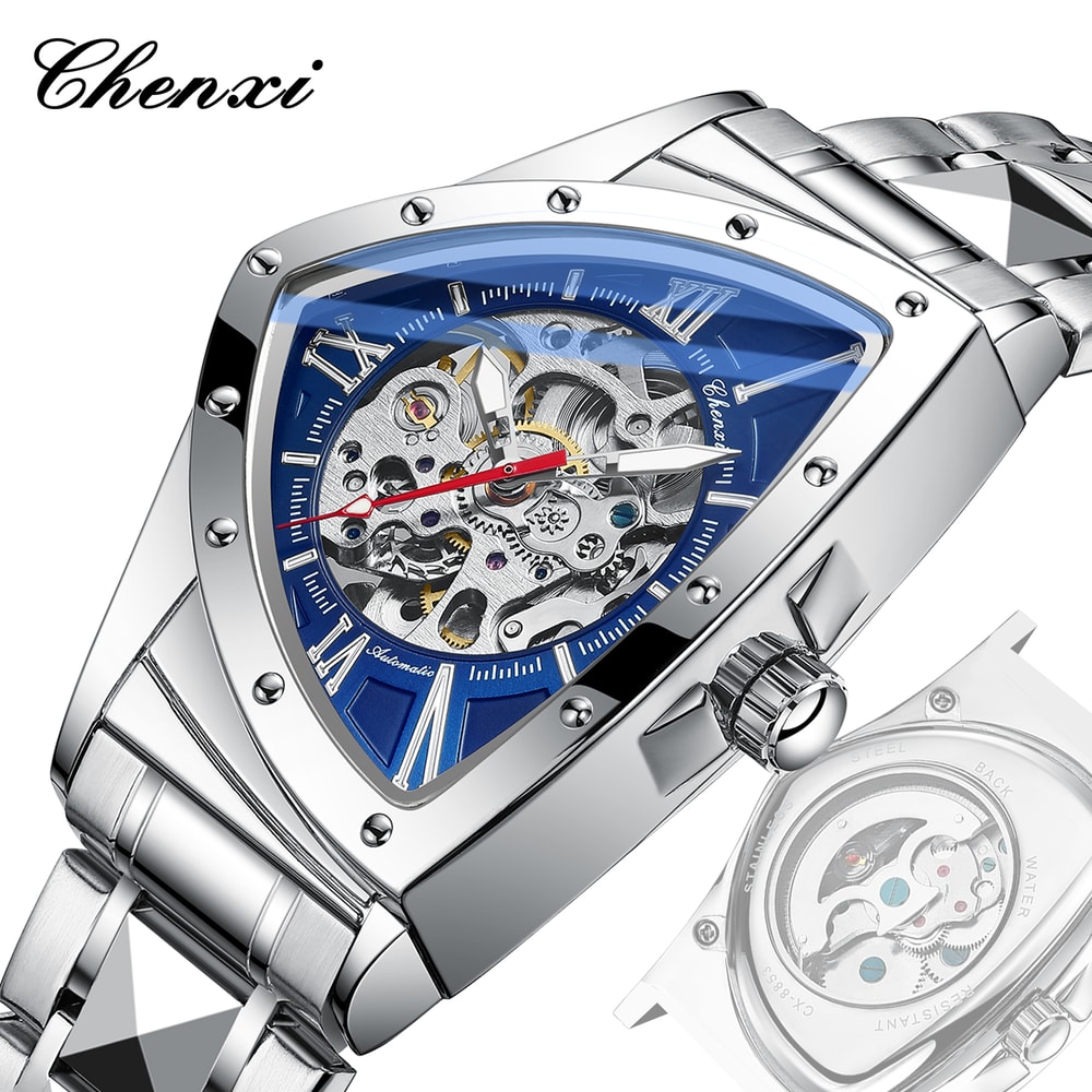 Premium Triangle Skeleton Men Mechanical Watch With Luminous Stainless Steel Strap 5
