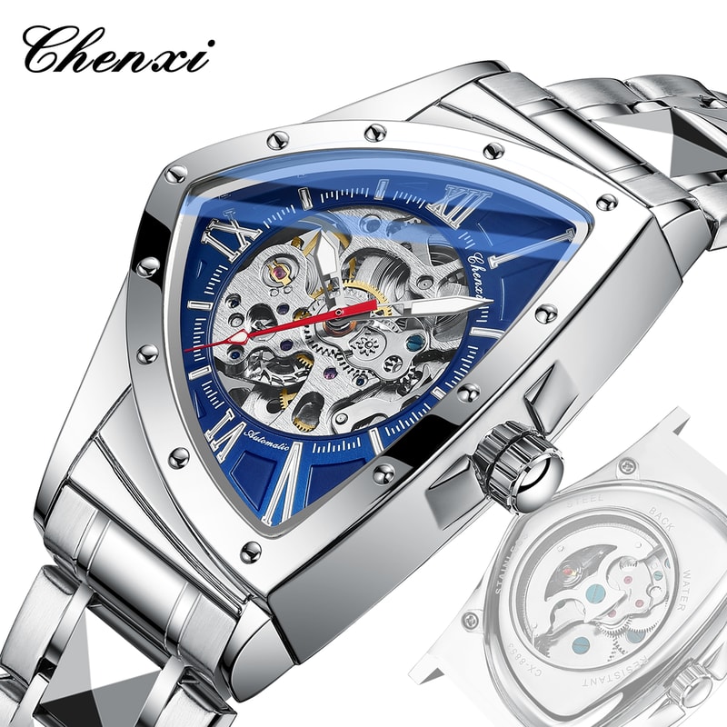 Premium Triangle Skeleton Men Mechanical Watch With Luminous Stainless Steel Strap 5