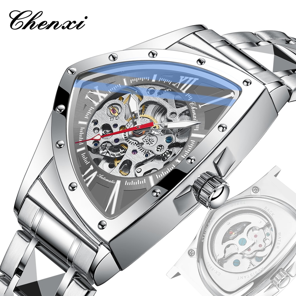 Premium Triangle Skeleton Men Mechanical Watch With Luminous Stainless Steel Strap 7