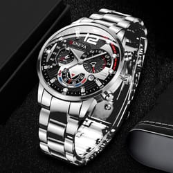 premium men stainless steel watch, classic analog quartz with calendar