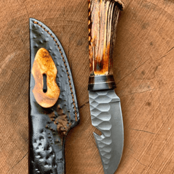 hand-forged carbon steel gut hook hunting knife | deer antler handle | 9" skinner knife + leather sheath