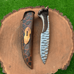 hand-forged carbon steel hunting knife | deer antler handle | 11" full tang outdoor blade + leather sheath | bushcraft &