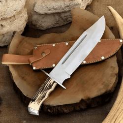 frontier-style d2 steel bowie knife | 15" stag horn handle hunting blade + leather sheath | handmade outdoor knife