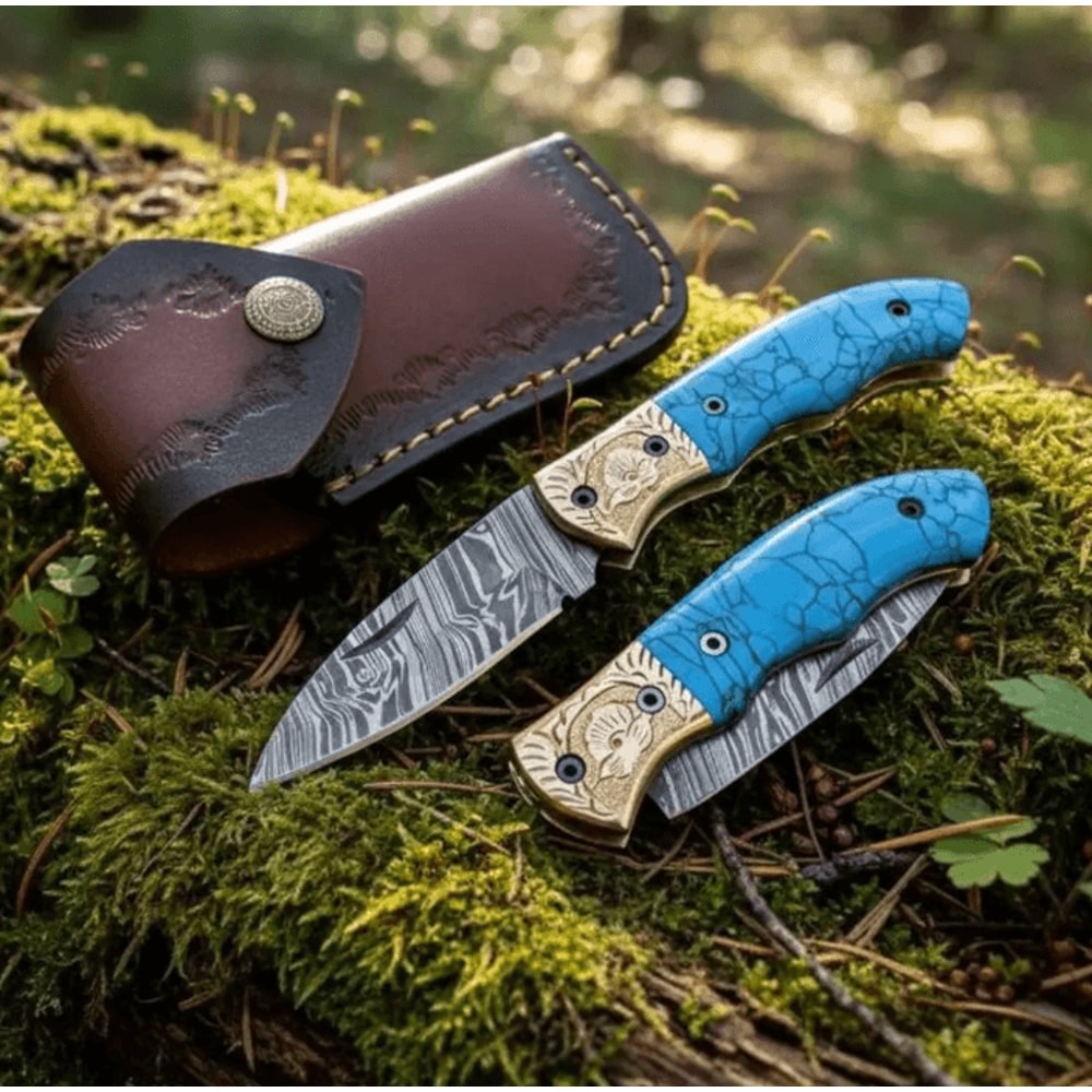 buynow custom damascus pocket knife leather case