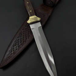 handmade walnut handle dagger knife | fairbairn-sykes style double-edge | 12 4116 stainless steel blade + leather sheat