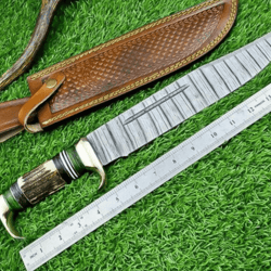 forged damascus steel survival blade | stag antler handle | full tang outdoor knife gift