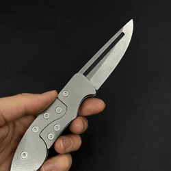 handmade stainless steel folding pocket knife | 4034 blade + leather sheath | edc hunting & outdoor gift