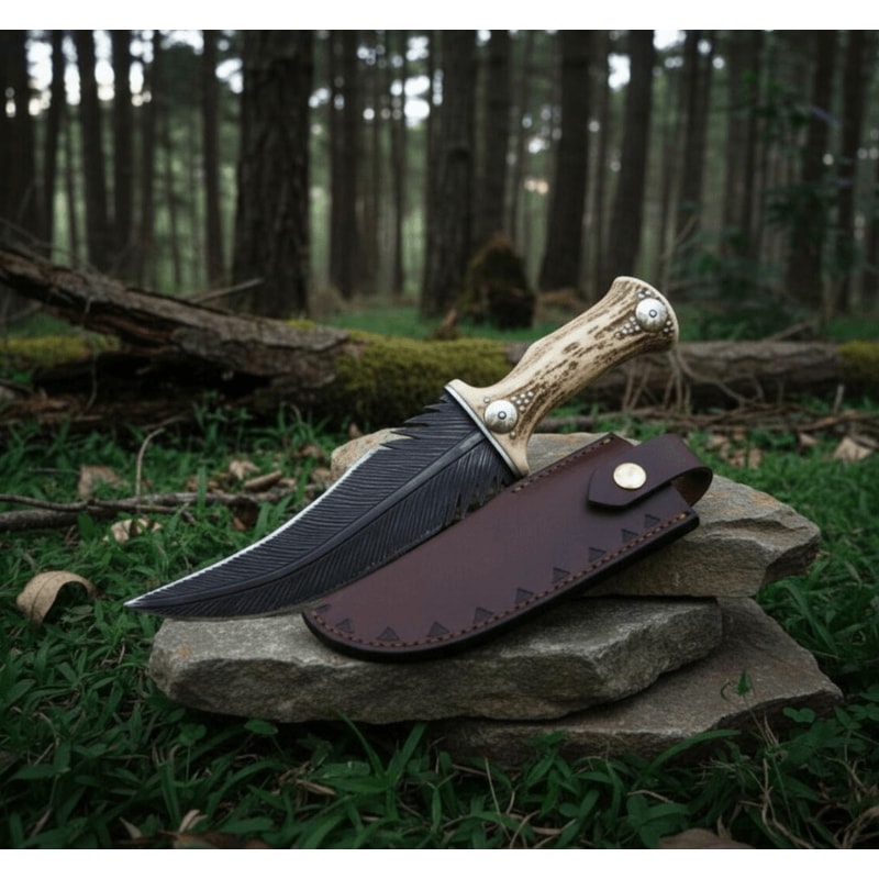 HandForged Feather Blade Knife With Stag Horn Handle Carbon Steel Fantasy Knife With Leather Sheat 1