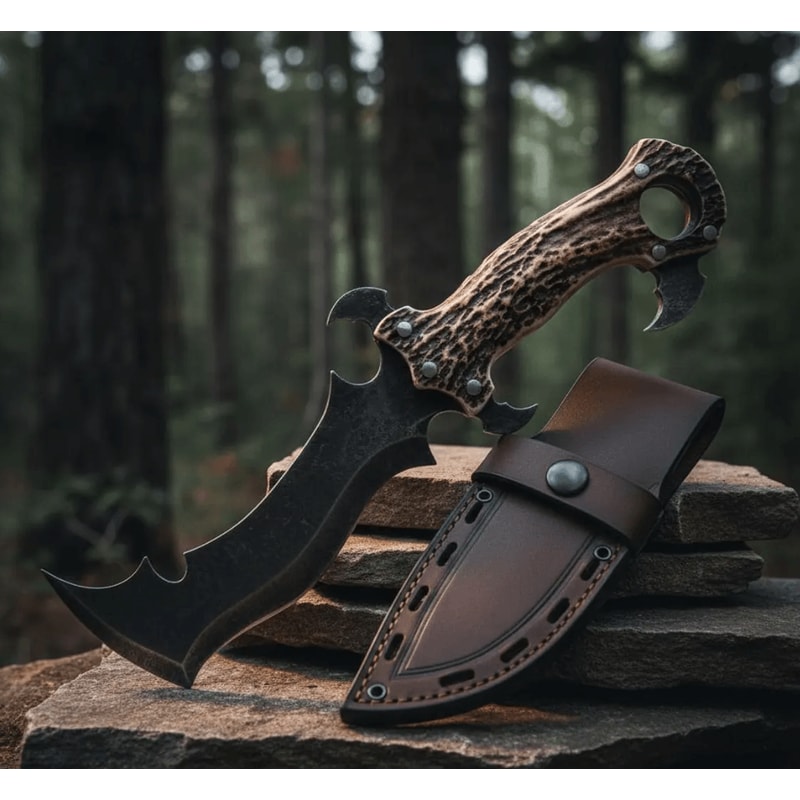 Dark Fantasy Art Knife Engraved Stag Antler Handle Carbon Steel Collector Weapon With Leather She 0