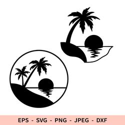 Palm tree Svg Summer Dxf Sunset beach Silhouette Svg File for Cricut Island Png Round Vacation Cut File Circle Sea Svg