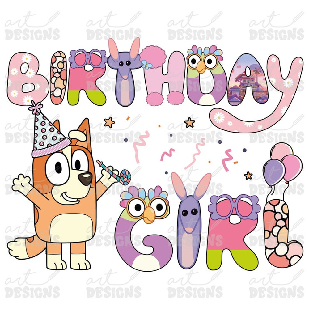Birthday Girl Pink Dog Clipart Elements, Letters Set, Blue Dog Sublimation Party, PNG, Family Matching Shirt1 (1).jpg