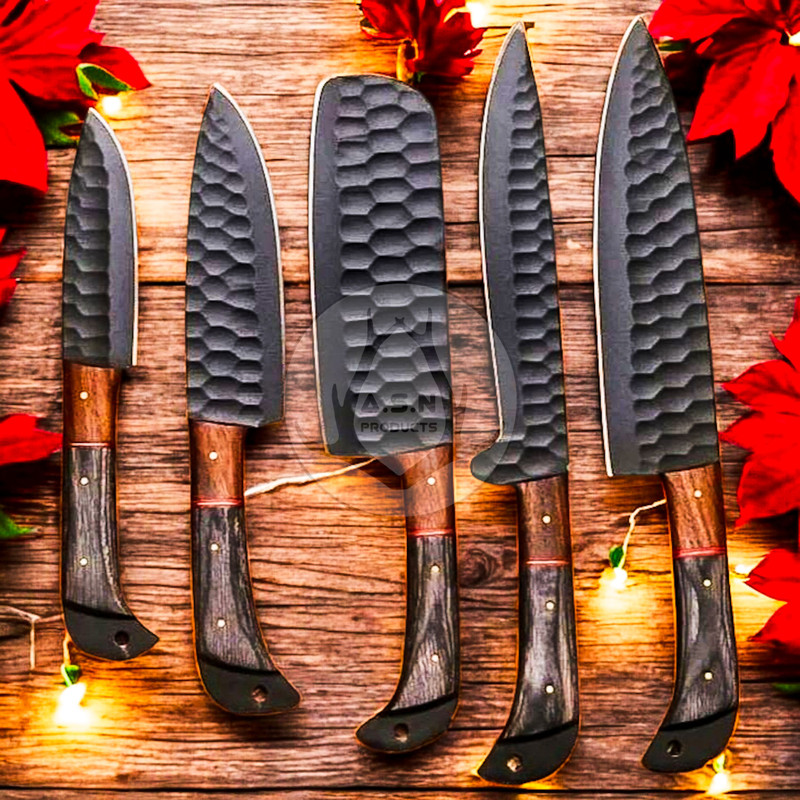 Kitchen Knife Set Blacksmiths Legacy Hand Forged Textured Black Coated Blades And Wooden Handles O 0