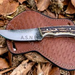 cowboy hunting knife with stag antler handle | western style bushcraft knife with leather sheath | rustic gift for him