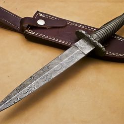 handmade custom british dagger hunting knife damascus steel with leather sheath