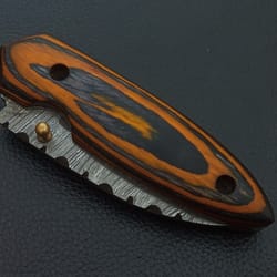 damascus steel custom made pocket folding knife wood handle w/sheath