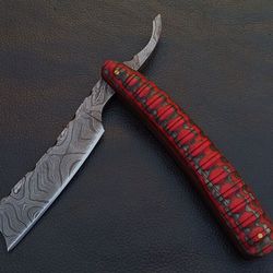 DAMASCUS STEEL CUSTOM MADE RAZOR KNIFE DENSIFIED WOOD HANDLE W/SHEATH