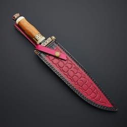custom handmade damascus steel hunting bowie knife with leather sheath