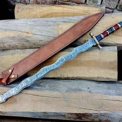 Custom Handmade Damascus Steel Double Edge Hunting Sword.